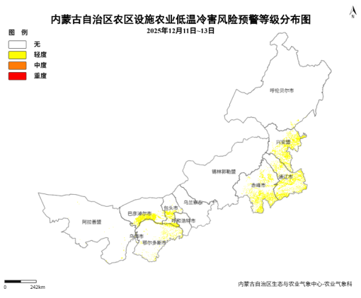 图1 12月11至13日内蒙古地区设施农业低温冷害预报分布图