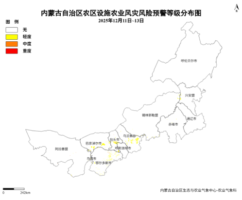 图2 12月11日至13日内蒙古地区设施农业大风灾害预报分布图