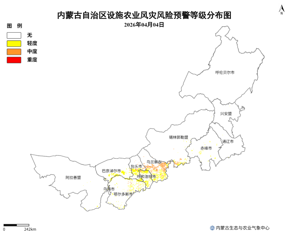 图1 4月4日内蒙古地区设施农业大风灾害预报分布图