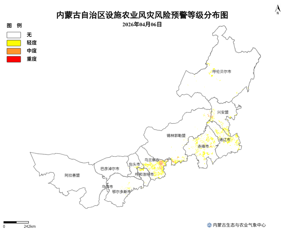 图3 4月6日内蒙古地区设施农业大风灾害预报分布图
