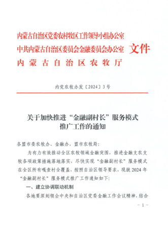 内蒙古自治区推广“金融副村长”服务模式