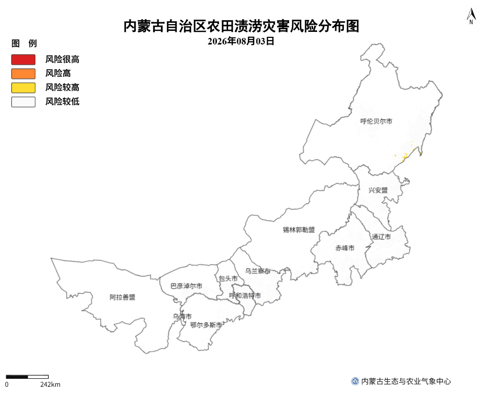 图2 8月3日内蒙古自治区农田渍涝灾害风险分布图