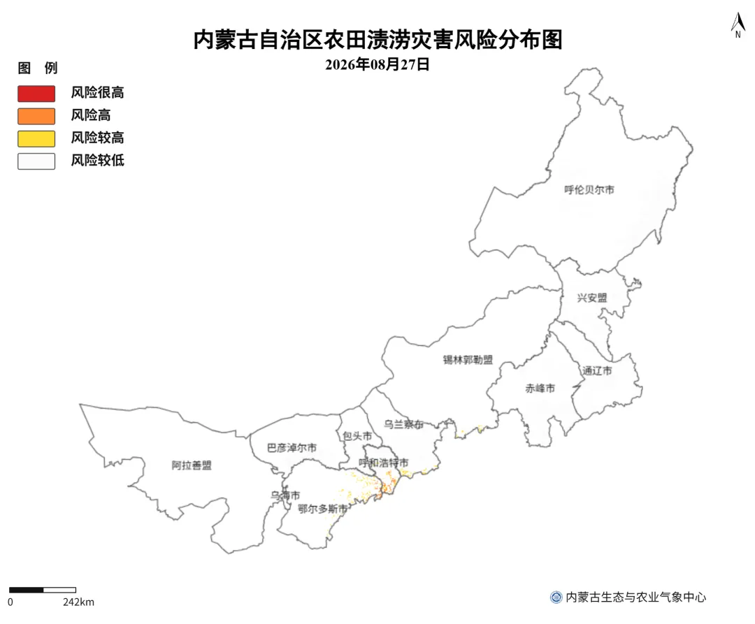 图2 8月27日内蒙古自治区农田渍涝灾害风险分布图