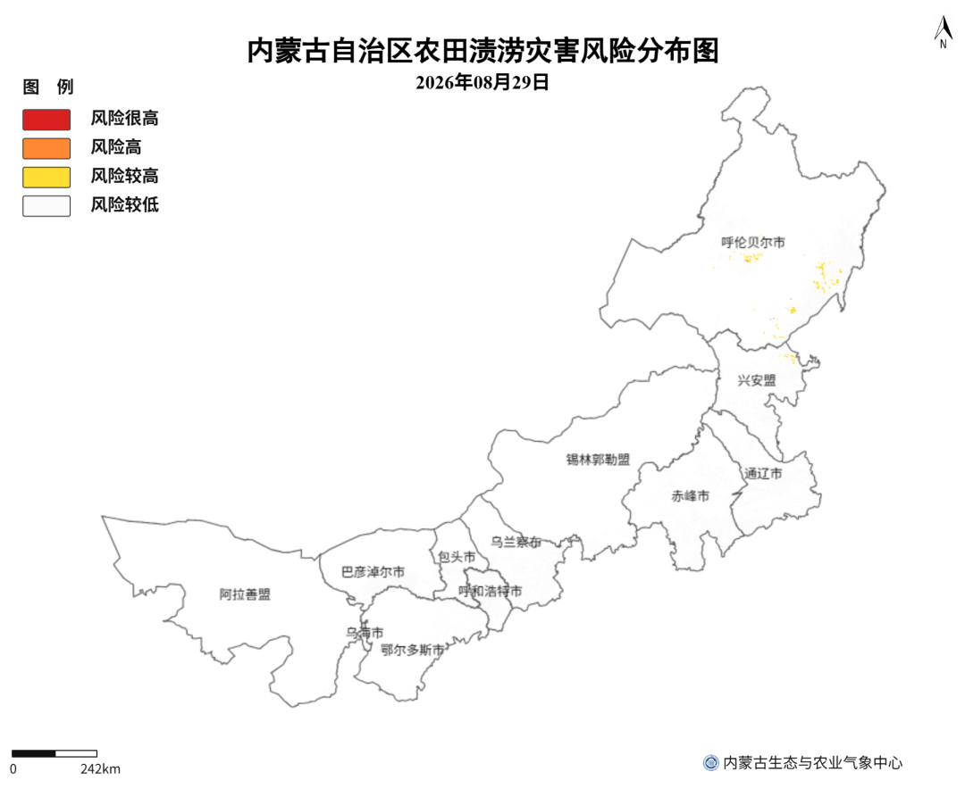 图4 8月29日内蒙古自治区农田渍涝灾害风险分布图