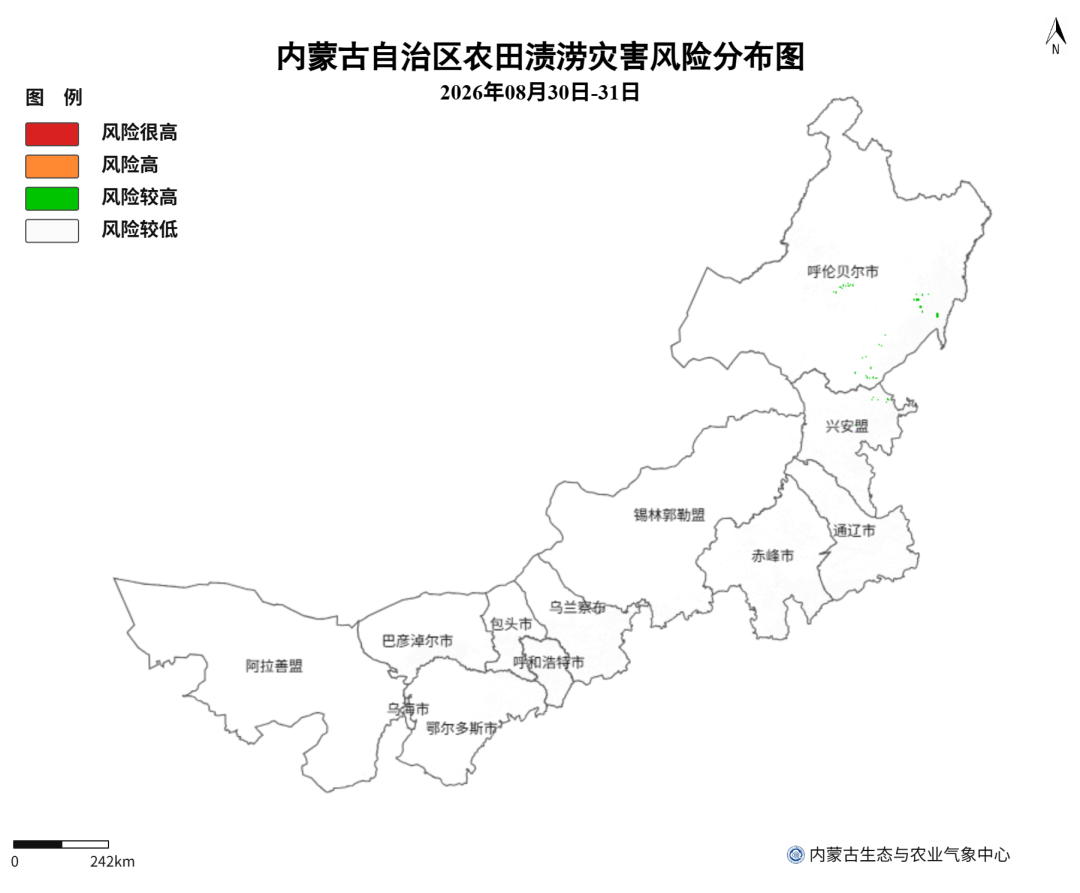 图1 8月30日至31日内蒙古自治区农田渍涝灾害风险分布图