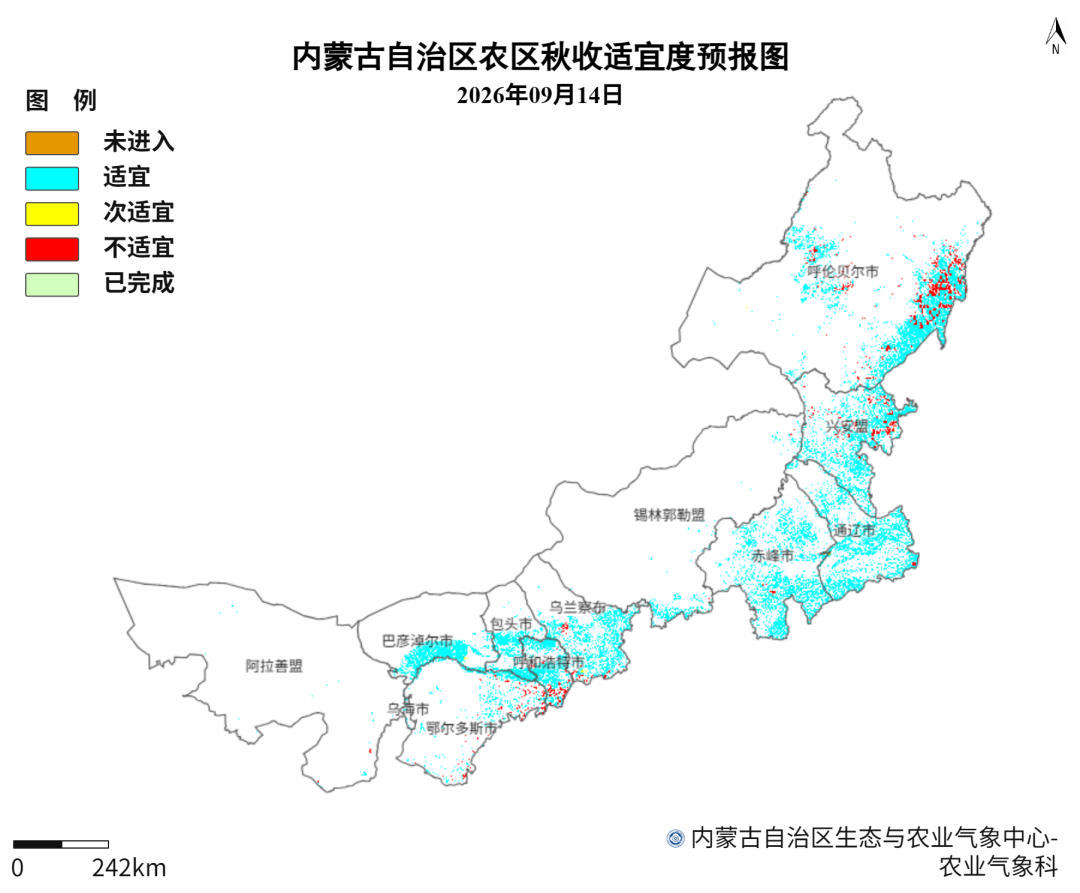图2 内蒙古9月14日秋收适宜度预报图